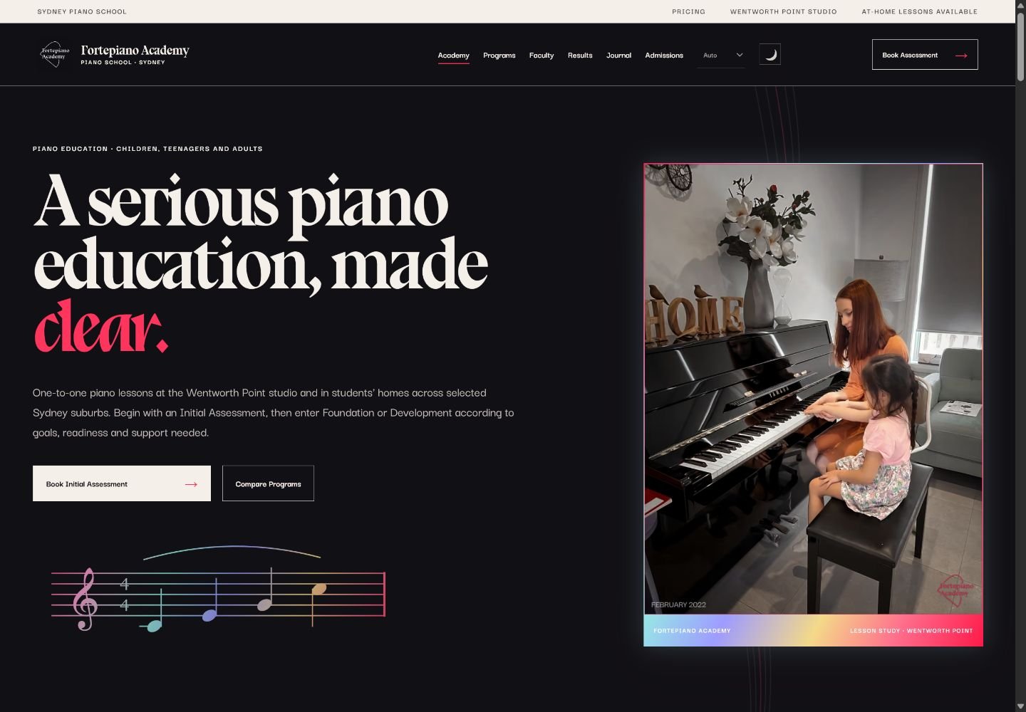 Fortepiano Academy live website homepage shown in a browser.