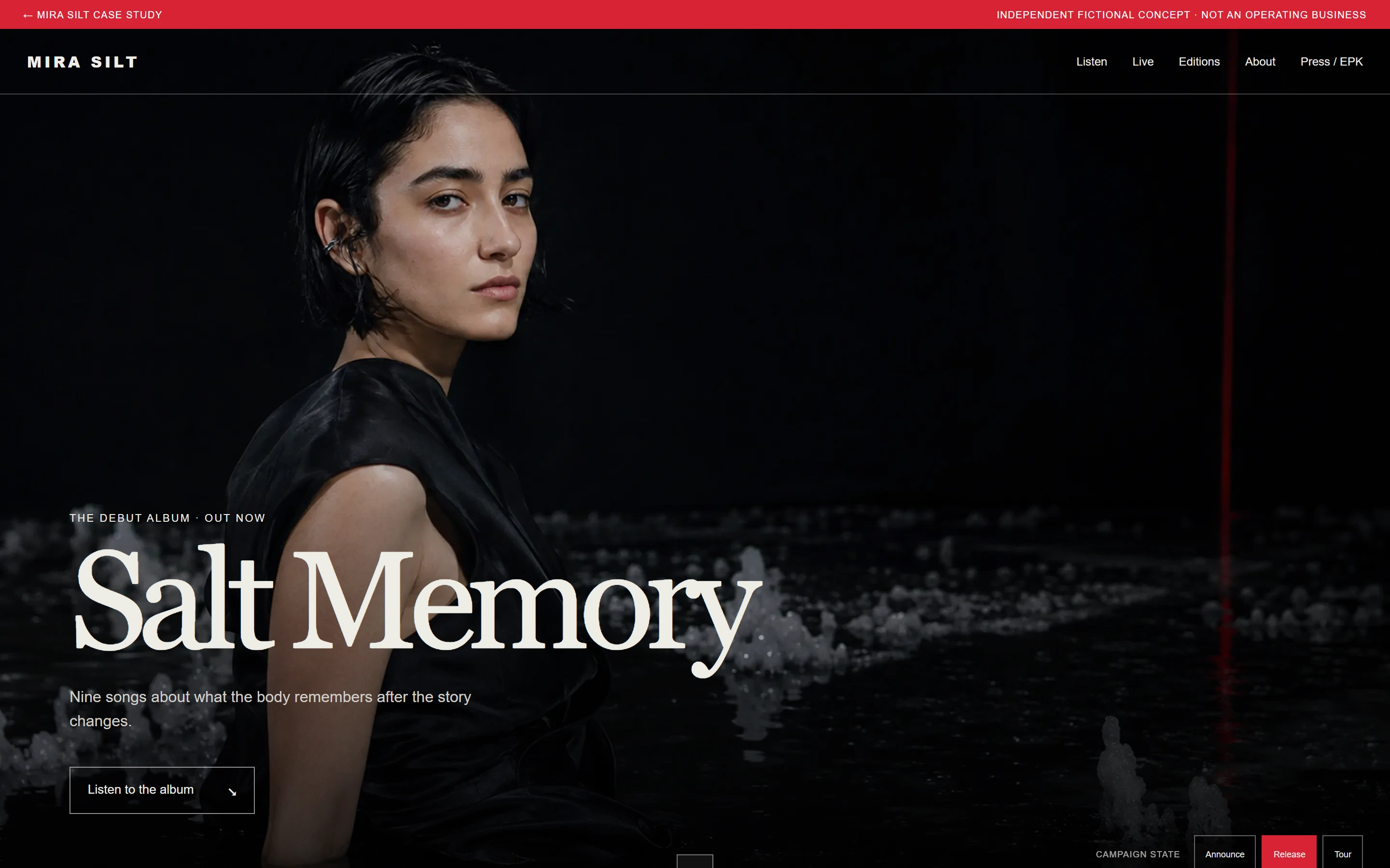 Mira Silt interactive artist website opening in its release campaign state.