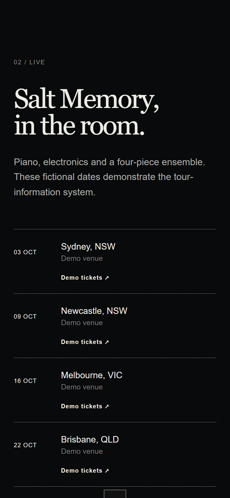 Mobile Mira Silt live-date section with clear fictional tour information.