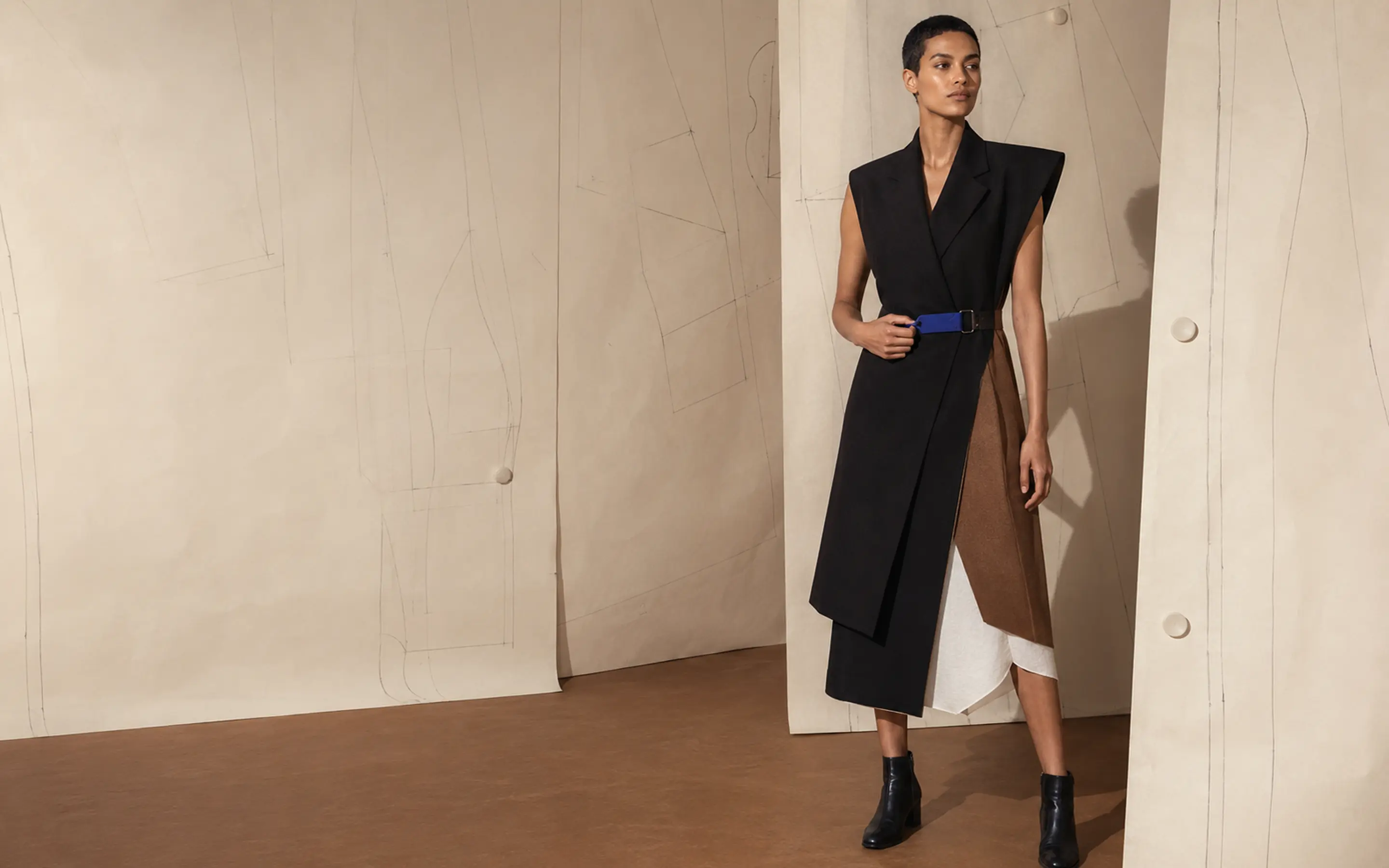 Ninth Form’s hero garment photographed against full-scale paper patterns.